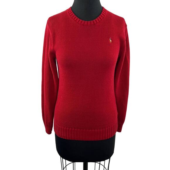 Polo Ralph Lauren Women's Vintage Red Cotton Knit Crew Pullover Yellow Pony L - Picture 1 of 8